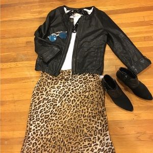 Mike & Chris black leather jacket with tonal stripes. Size S, excellent shape.